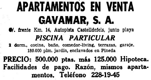 Anuncio de los apartamentos GAVAMAR de Gav Mar publicado en el diario LA VANGUARDIA (3 de Abril de 1965)